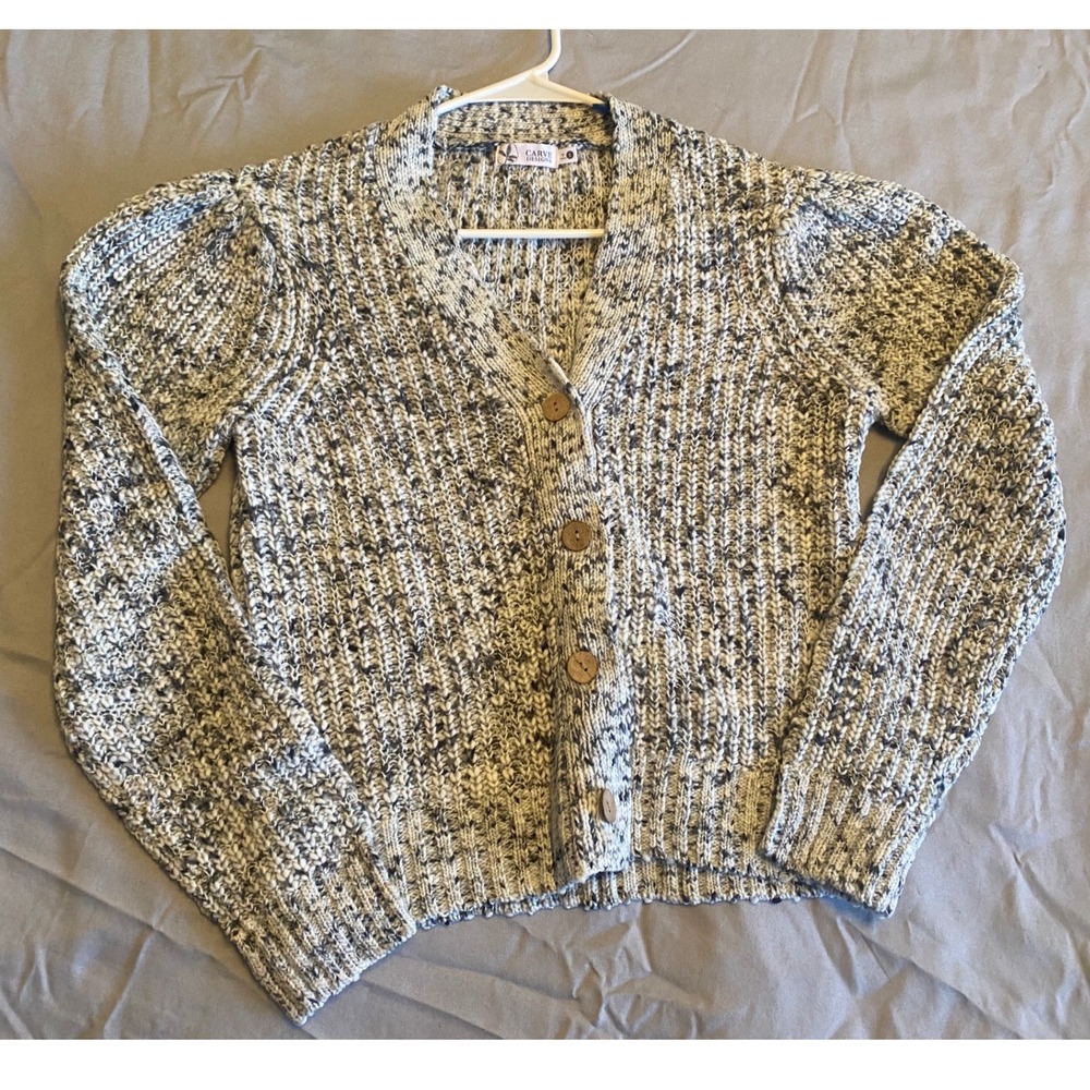 Carve Designs Cardigan Women Small Grey White Chunky Knit V-Neck